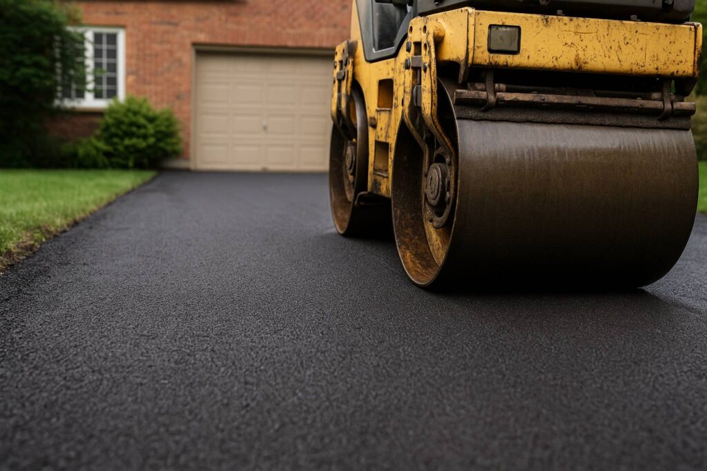 A roller machine compacts a freshly paved blacktop driveway.